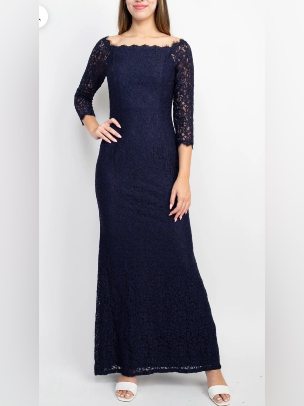 Adrianna Papell Column Scalloped Floral Lace Evening Gown Maxi Dress (Size 14)